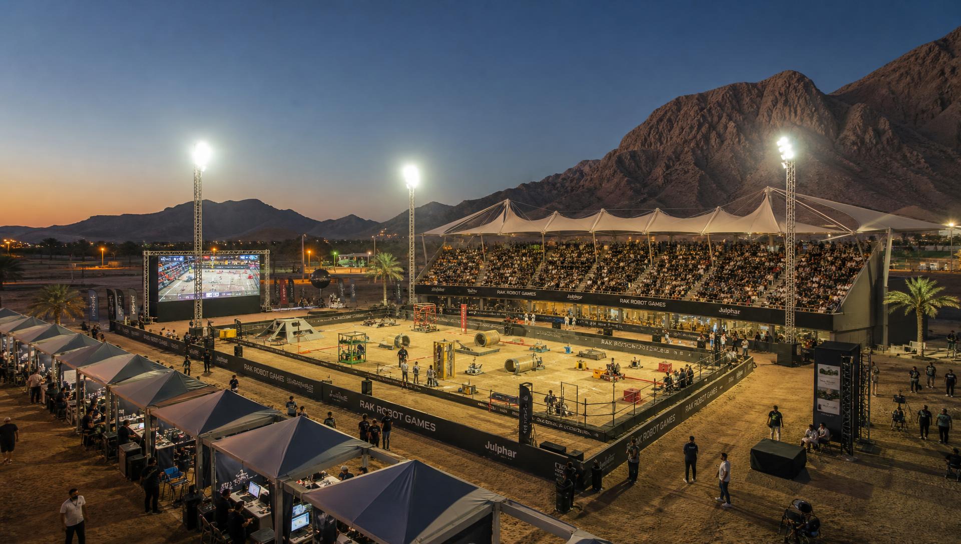 A vast robot competition arena set against the mountains of Ras Al Khaimah