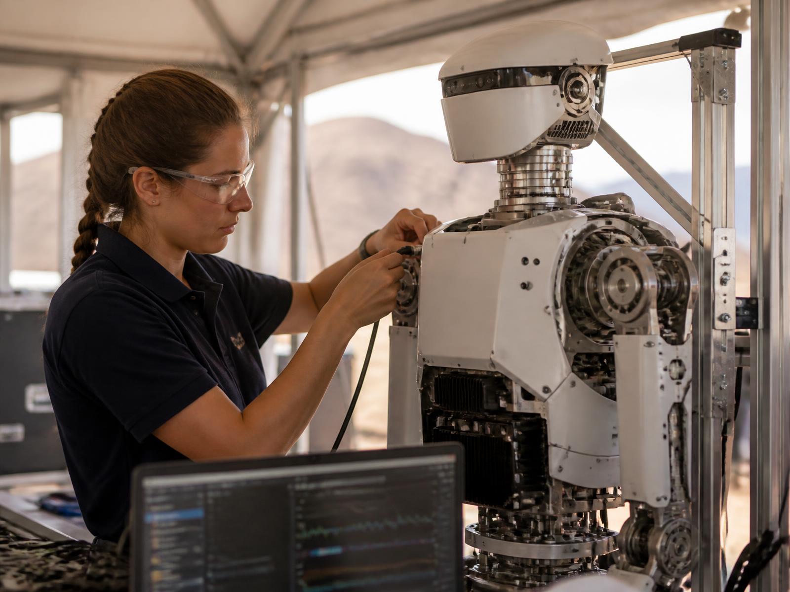 Engineers preparing a competition robot beside the arena